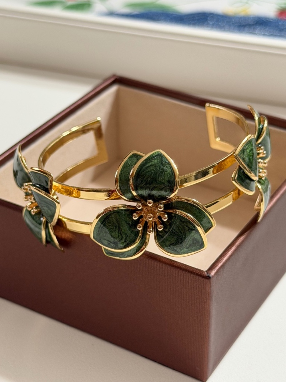 Vintage Golden Green 3-Petal Flower Enamel Open Bangle Bracelet Adjustable